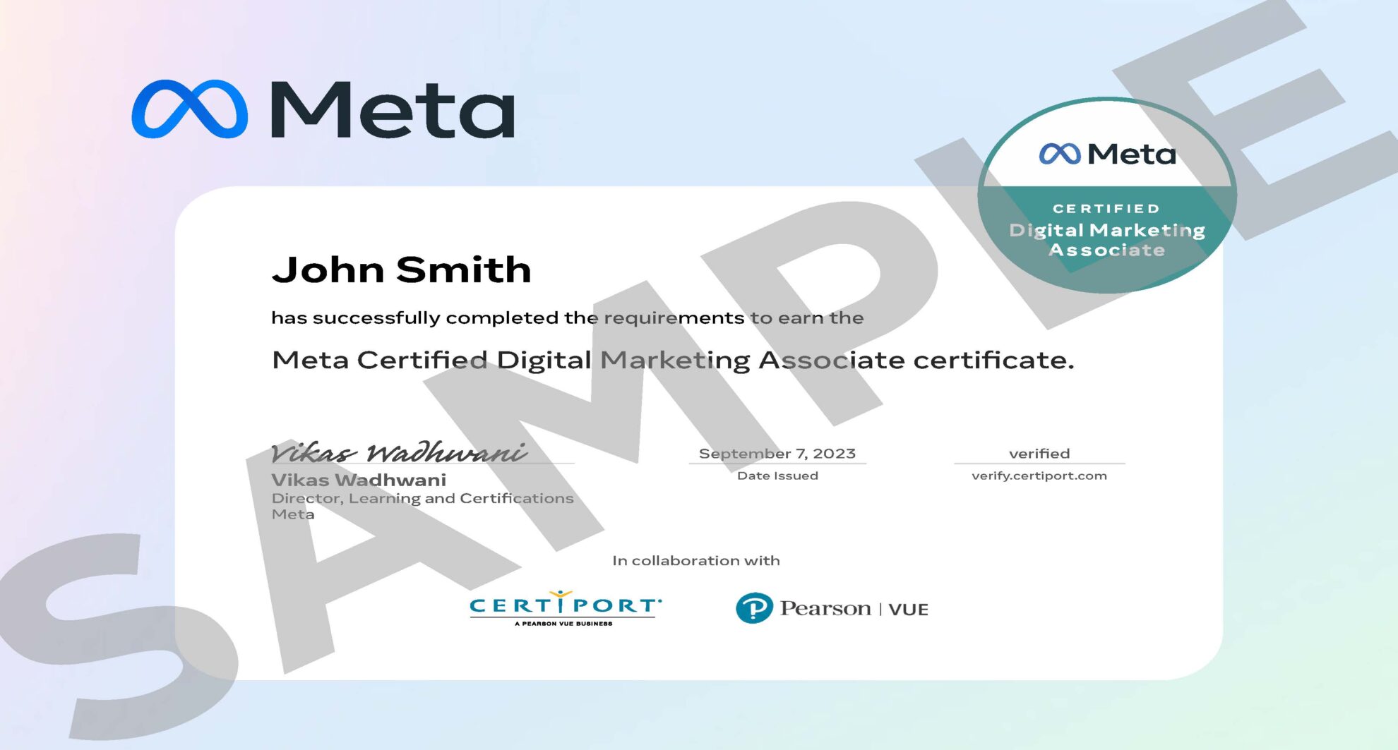 Meta Certified Digital Marketing Associate Sample Certificate