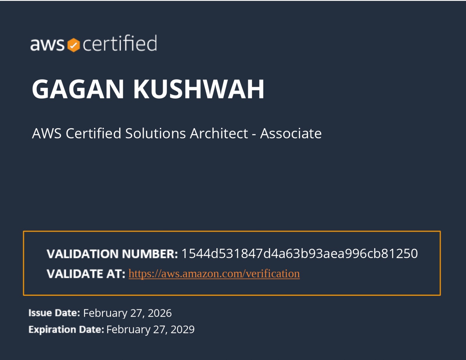 Gagan Kushwah - AWS Certified Solutions Architect - Associate