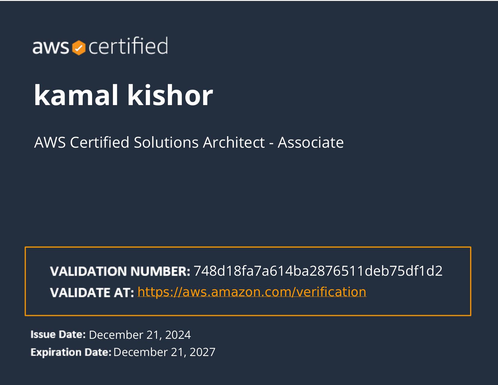 Kamal - AWS Certified Solutions Architect - Associate