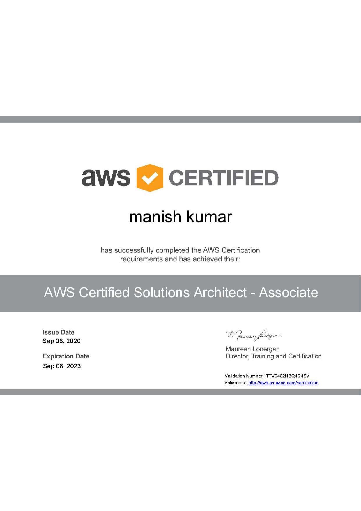 Manish Kumar - AWS Certified Solutions Architect - Associate