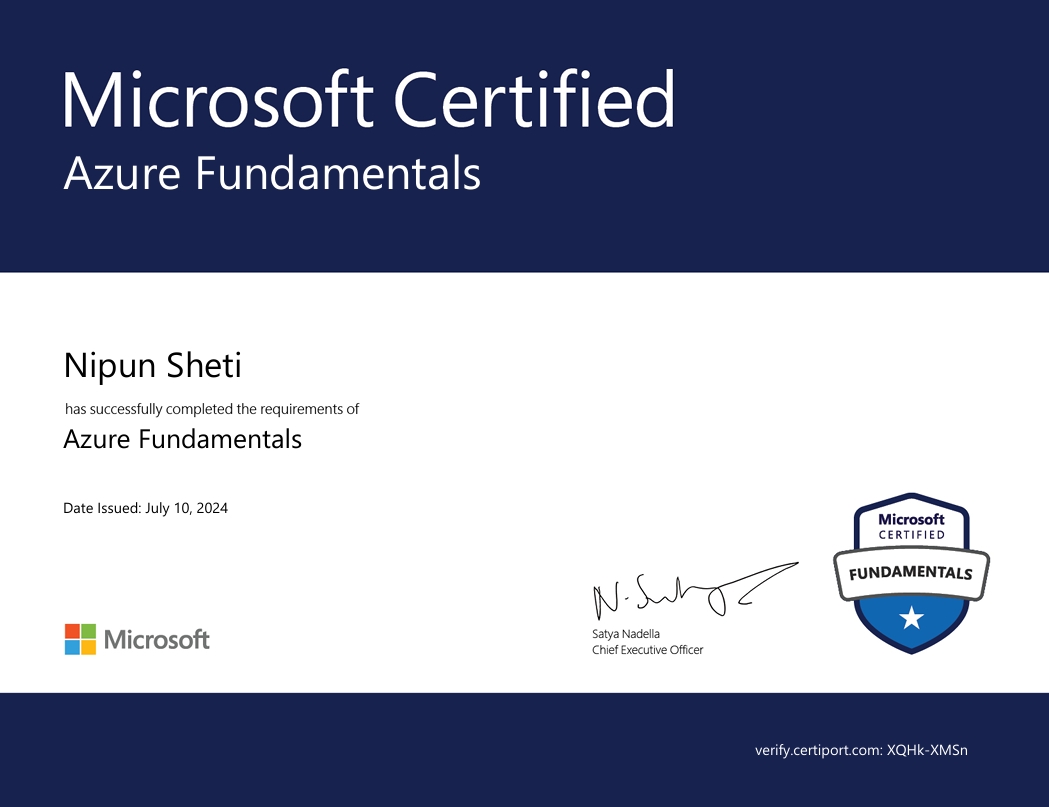 Nipun Sheti - Microsoft Certified: Azure Fundamentals